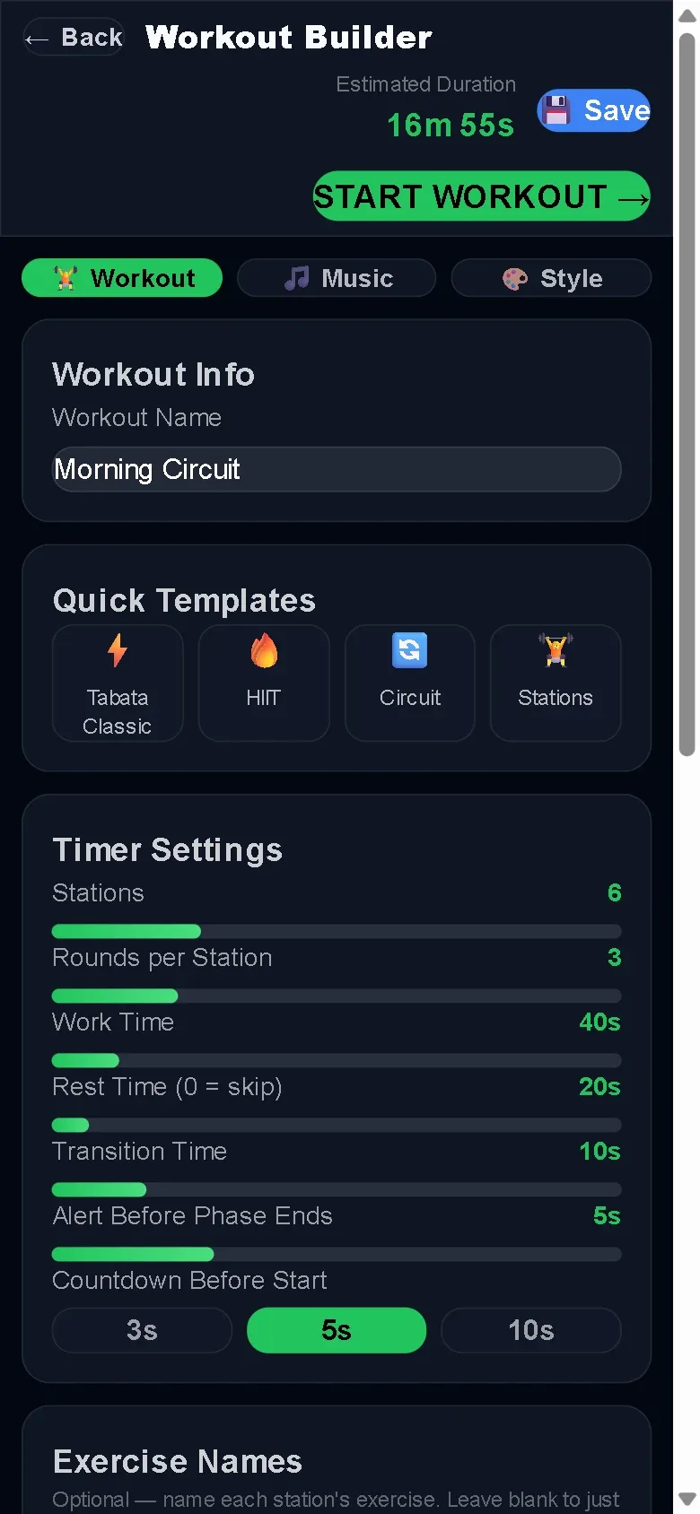 The workout builder with timer settings and quick templates