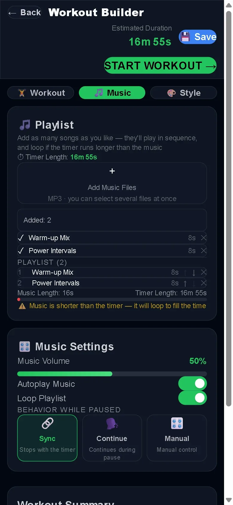The music tab with a playlist of two tracks and the playlist length compared to the timer length