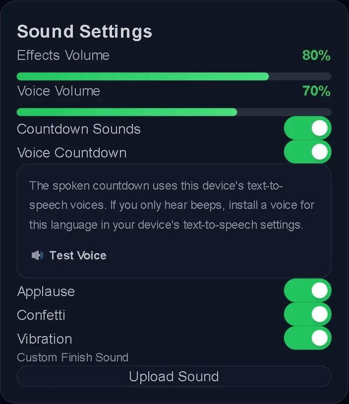 Sound Settings with effects and voice volume, countdown sounds, voice countdown, Test Voice, applause, confetti, vibration and a custom finish sound