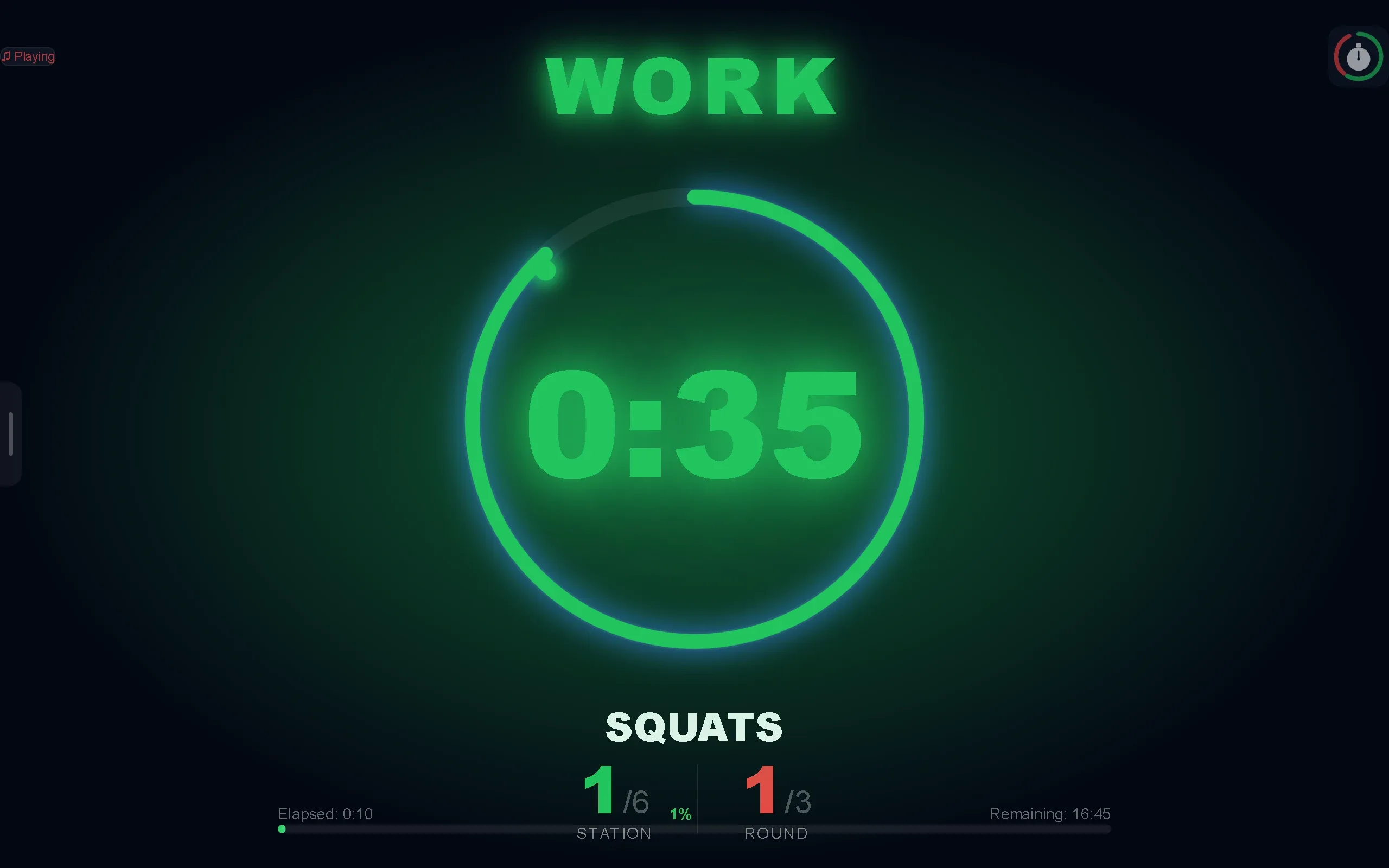 The TrainBeat timer on a wide screen showing WORK, 0:35 and the exercise Squats